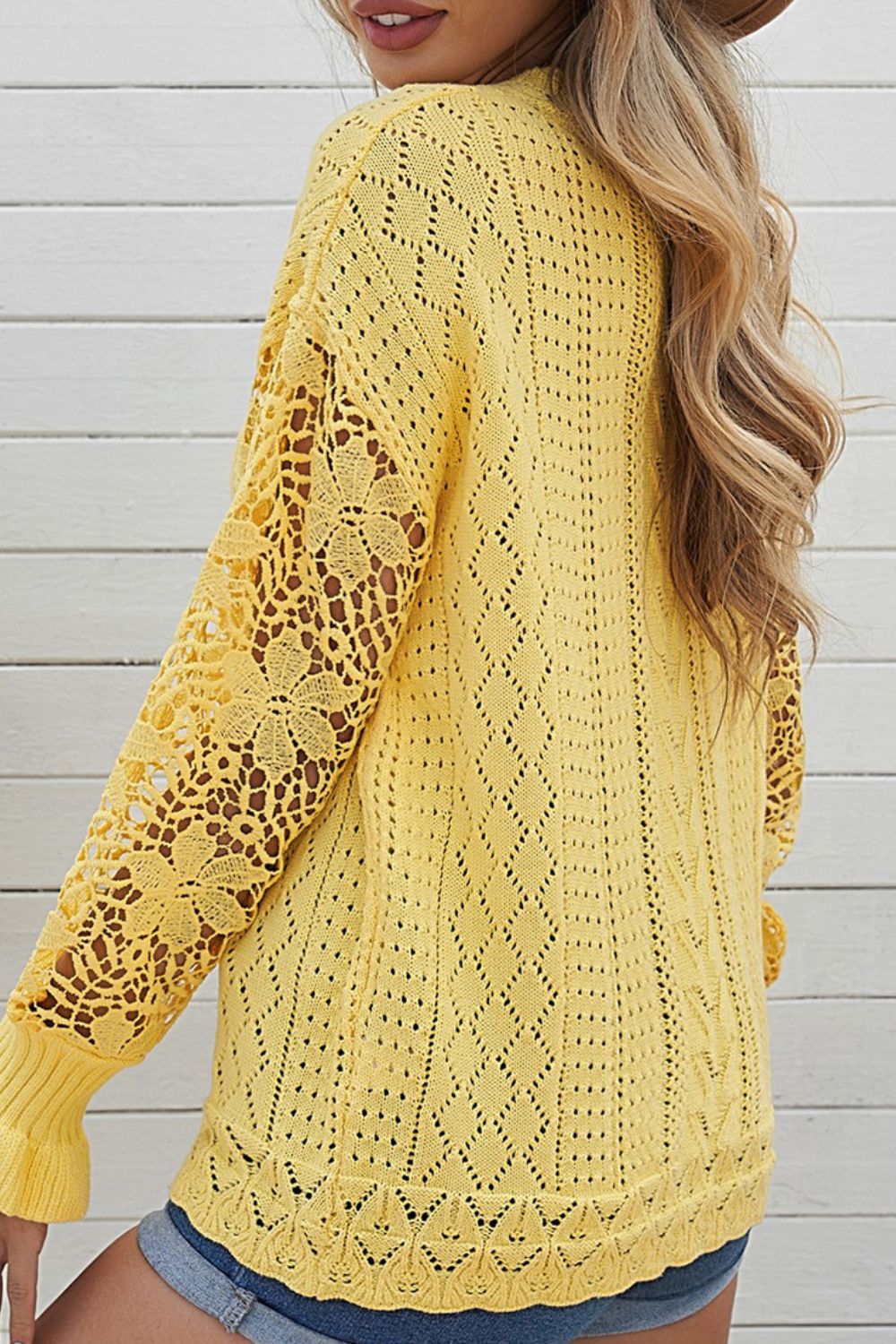 Openwork Round Neck Long Sleeve Sweater