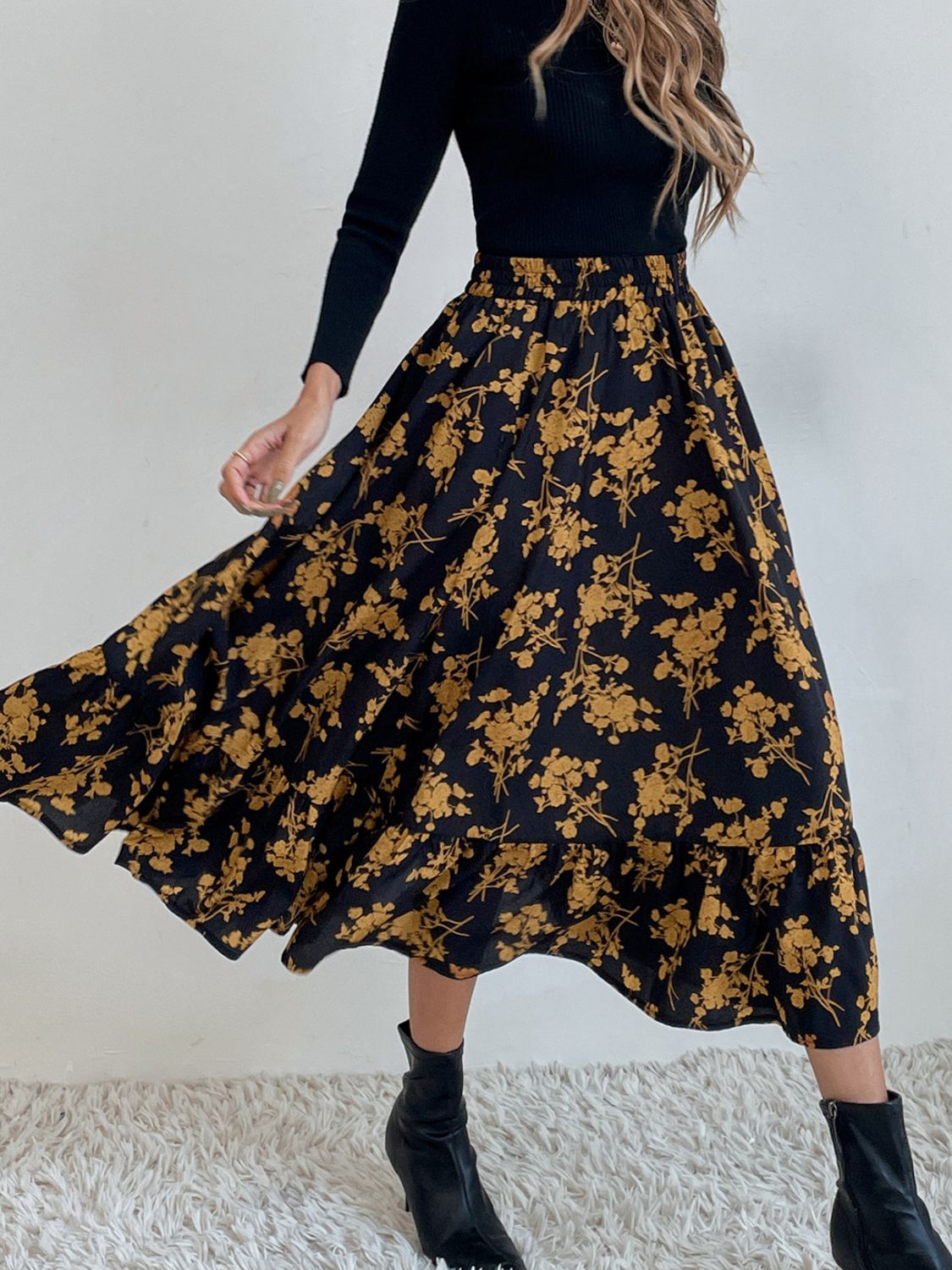 Printed Elastic Waist Midi Skirt