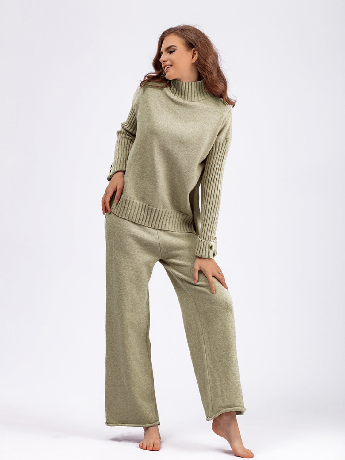 Basic Bae High- Low Turtleneck Long Sleeve Top and Pants Sweater Set